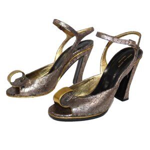 DRIES VAN NOTEN Slingback Ankle Strap Pumps Heels Gold Silver Snake Print Sz 37